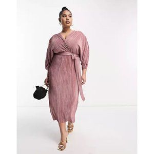 ASOS DESIGN Curve plisse midi wrap dress with belt in rose